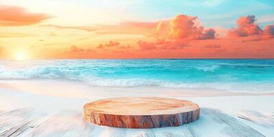 Wooden Platform on a Sandy Beach Under a Sunset Sky photo