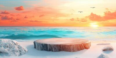 Wooden Stump Platform on a Sandy Beach at Sunset photo