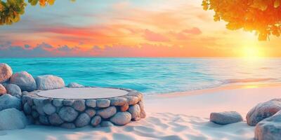 Stone Platform with Wooden Top on a Tropical Beach at Sunset photo