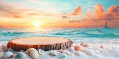 Wooden Log With Seashells On Beach During Sunset photo