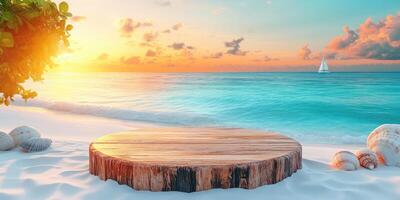 Wooden Platform on Sandy Beach with Ocean and Sunset View photo