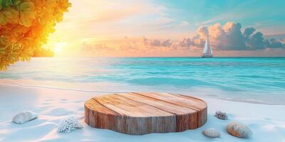 Wooden Platform on Sandy Beach with Ocean and Sailboat in Background photo