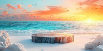 Wooden Stump on a Sandy Beach at Sunset photo