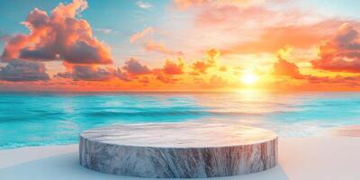 Wooden Platform on a Beach at Sunset photo