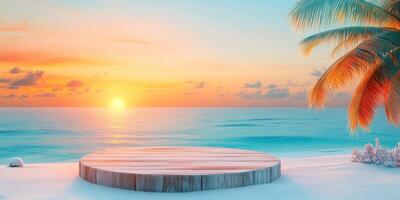 Wooden Platform on Sandy Beach with Sunset and Palm Tree photo