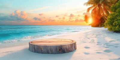 Wooden Log Platform on a Tropical Beach at Sunset photo