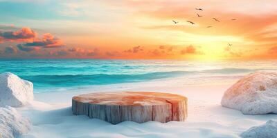Wooden Stump on a Sandy Beach with Sunset and Seagulls photo