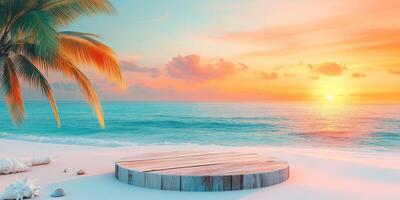Wooden Platform on a Sandy Beach with Palm Tree and Sunset photo