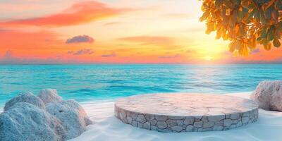 Stone Podium on a Sandy Beach at Sunset photo