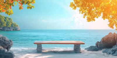 Wooden Bench on a Sandy Beach with a View of the Ocean and Lush Foliage photo
