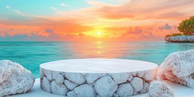 White Stone Platform at Sunset Over Ocean photo