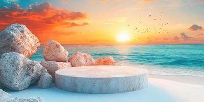 Concrete Podium on a Beach at Sunset with Birds Flying photo