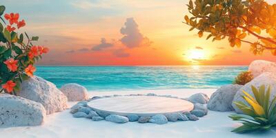Tropical Sunset Beach with Circular Platform and Rocks photo