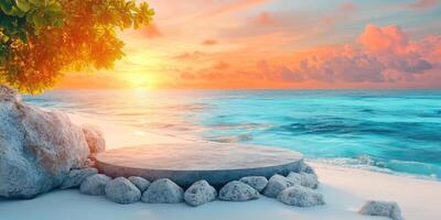 Stone Platform on Sandy Beach at Sunset photo