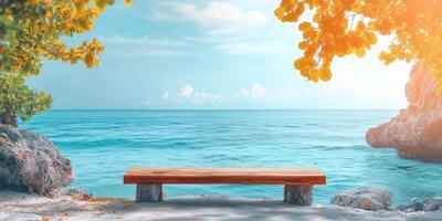 Wooden Bench Overlooking a Serene Ocean with Foliage photo