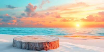 Wooden Log on Sandy Beach with Sunset Sky and Ocean Background photo