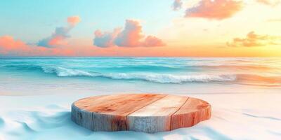 Wooden Platform on a Sandy Beach with Ocean and Sunset Sky photo