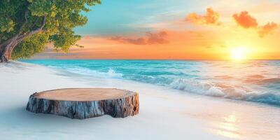Tree Stump on a Tropical Beach at Sunset photo