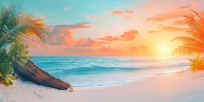 Tropical Beach Sunset with Palm Trees and Driftwood photo