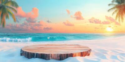 Wooden Platform on Tropical Beach at Sunset photo