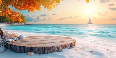 Wooden Log on a Tropical Beach with Seashells and a Distant Sailboat photo