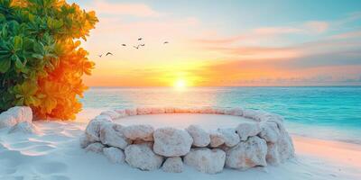 Stone Circle Product Display on a Tropical Beach at Sunset photo