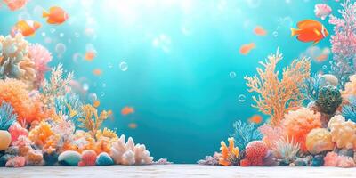 Colorful Coral Reef with Orange Fish and Bubbles photo