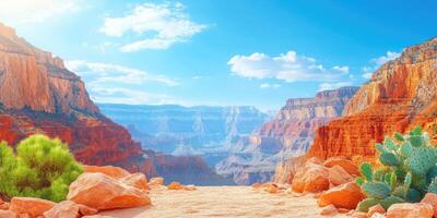 A Scenic View of the Grand Canyon with Cactus and Rocks in the Foreground photo
