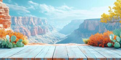 Wooden Tabletop Overlooking A Canyon With Desert Plants photo