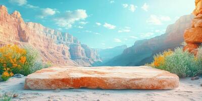 A large sandstone slab resting on a sandy surface with a canyon backdrop photo