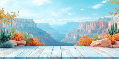 Wooden Tabletop Overlooking a Grand Canyon Landscape with Desert Plants photo