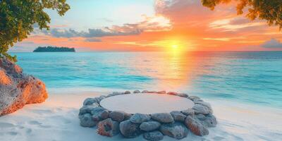 Sunset over a Tropical Beach with a Stone Platform photo