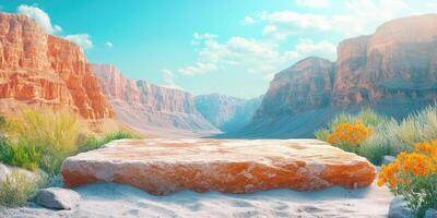 Large Stone Platform in a Desert Canyon with Flowers photo