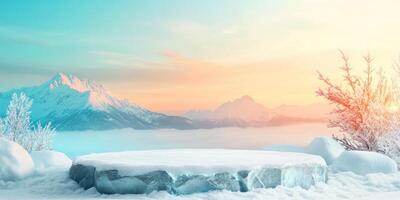 Snowy Mountain Range with a Frozen Rock Platform photo