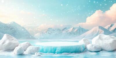 Snowy Ice Platform with Mountain Background photo