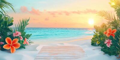Tropical Beach Sunset with Wooden Platform and Flowers photo