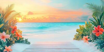 Tropical Beach Scene with Wooden Platform and Sunset photo