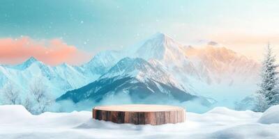 Wooden Platform in Snowy Mountain Landscape photo