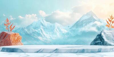 Marble Platform Against a Snowy Mountain Range photo