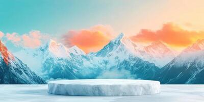 White Marble Pedestal Before Snowy Mountain Range photo