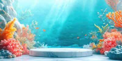 Underwater Scene with a Marble Platform and Colorful Coral Reefs photo