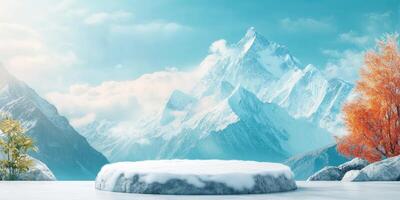 Snowy Mountain Landscape with a Stone Platform for Product Display photo
