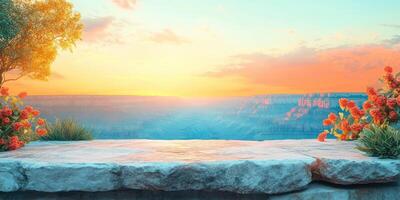 Sunset Over a Canyon with a Stone Platform and Flowers photo