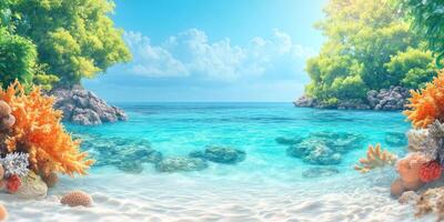 Tranquil Seascape with Lush Greenery and Coral Reefs photo