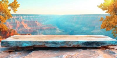 Wooden Platform Overlooking a Blurred Canyon Landscape photo