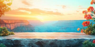 Stone Platform Overlooking Canyon at Sunset with Orange Flowers photo
