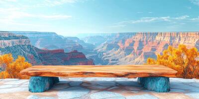 Wooden Bench Overlooking Grand Canyon with Autumn Trees photo