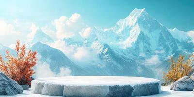 Snowy Mountain Range with Stone Platform and Autumnal Foliage photo