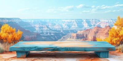 Blue Wooden Platform Overlooking Grand Canyon with Fall Foliage photo
