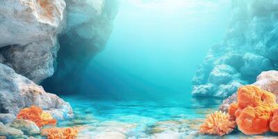 Underwater Scene with Rock Formations, Coral, and Sunlight photo